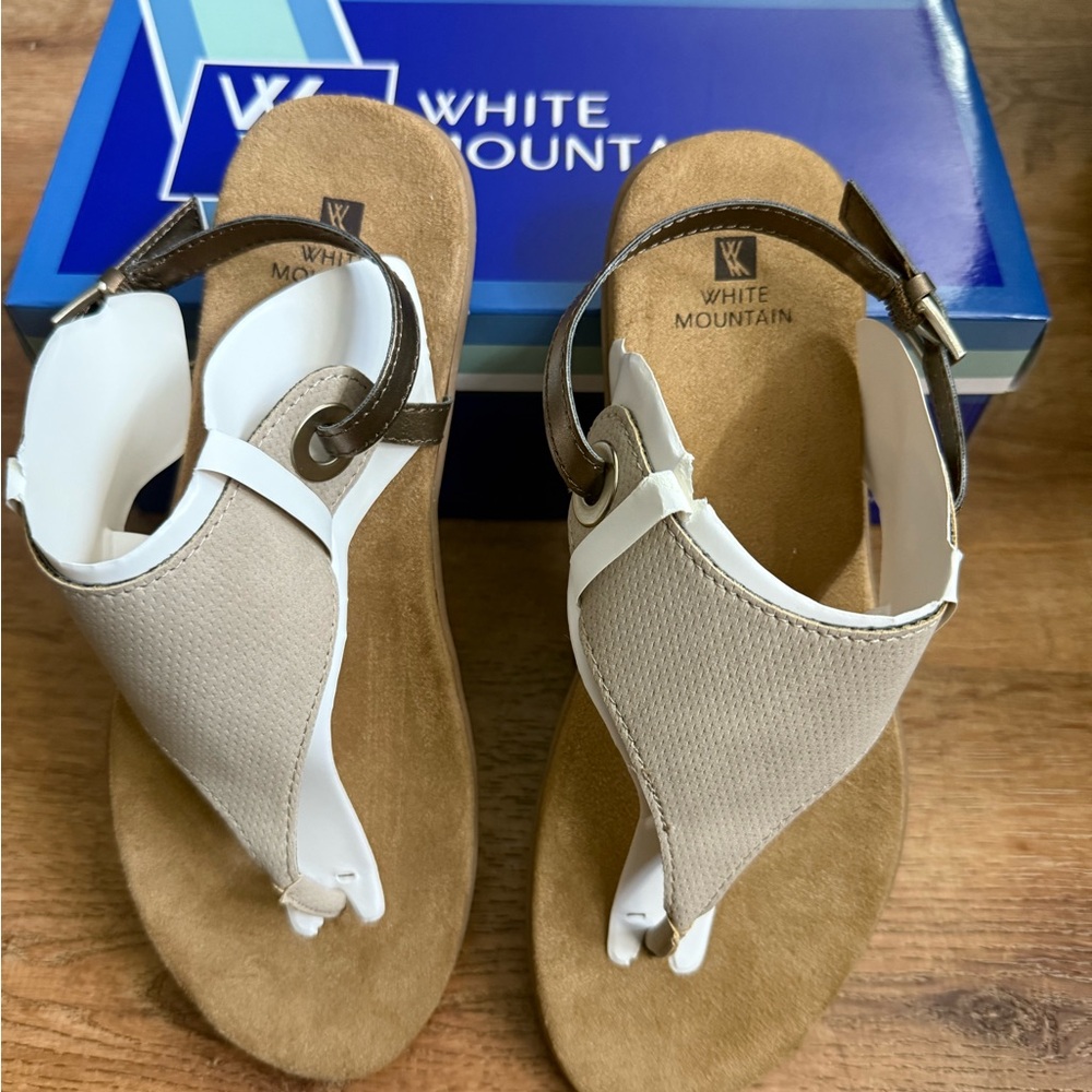 White Mountain Cream and Brown Sandals with Ankle Strap
